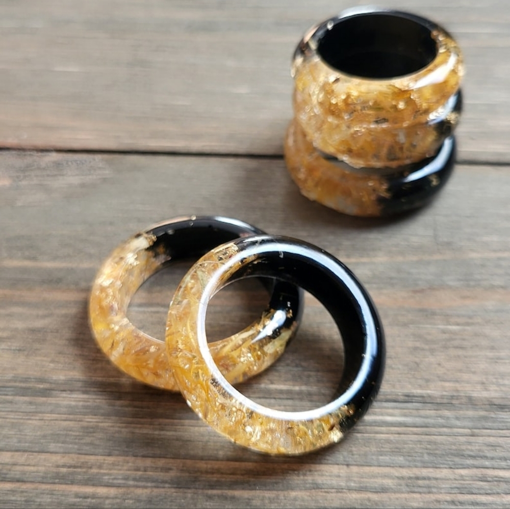 Black Obsidian Marigold Petal Resin Ring- Gold Flake Jewlry- Flower Rings- Dried